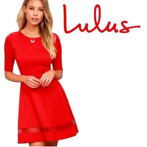 Lulus Sheer Factor Red Mesh Skater Dress Med-weight Knit Back Zip Round Neck LG